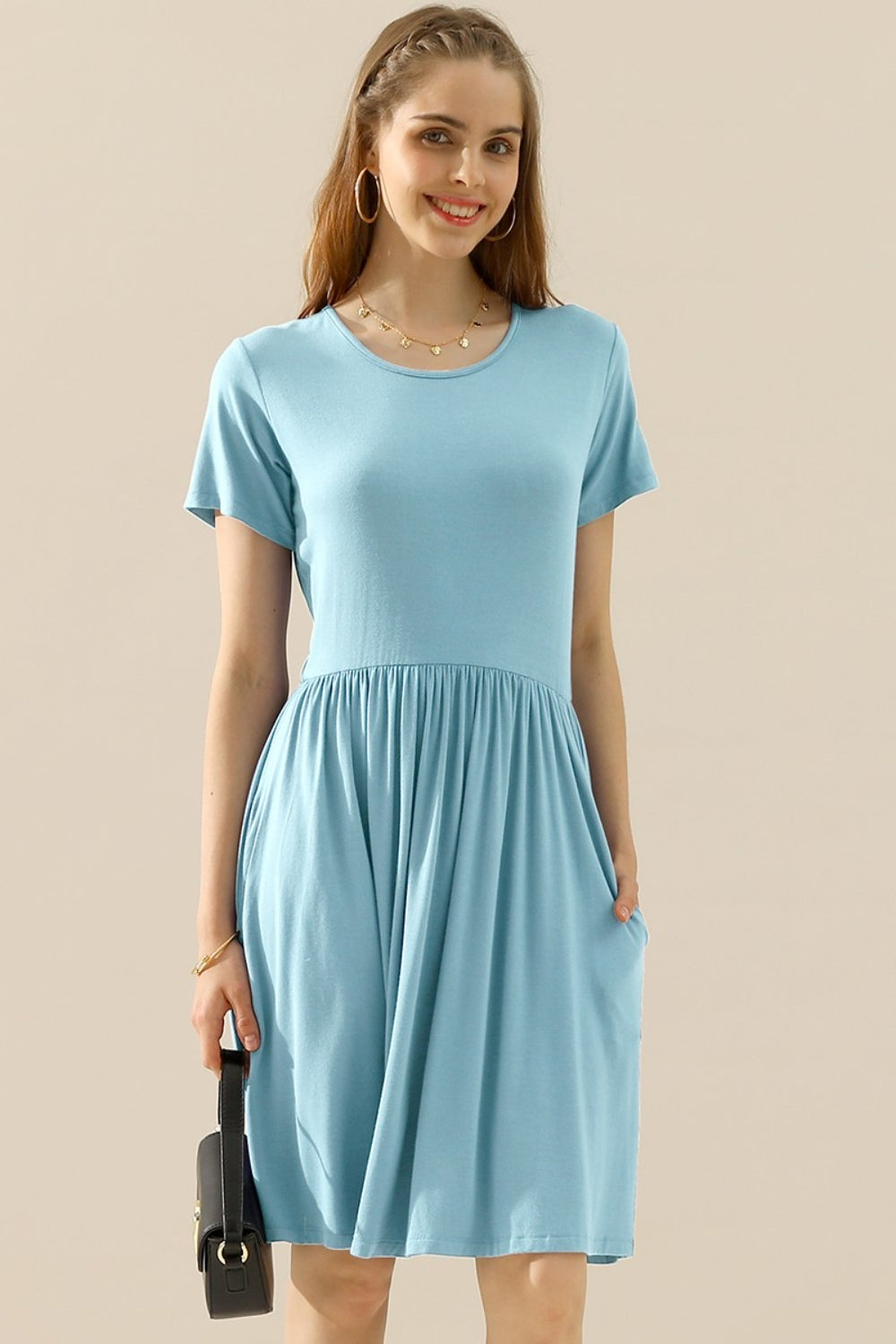 Round Neck Ruched Dress with Pockets