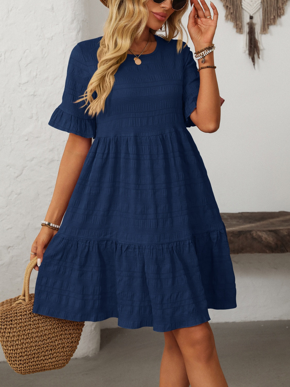 Ruffled Ruched Round Neck Half Sleeve Dress