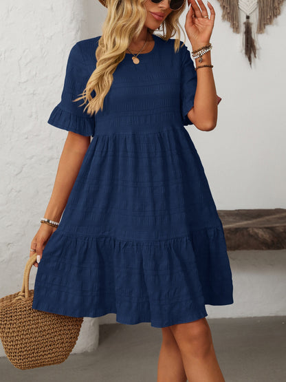 Ruffled Ruched Round Neck Half Sleeve Dress