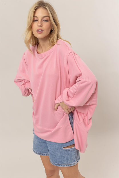 French Terry Long Sleeve High-Low Slit Sweatshirt