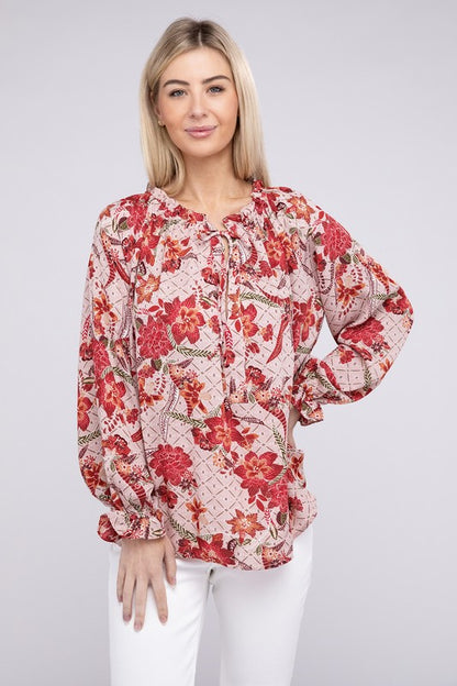 Floral Print Tie Neck Blouse