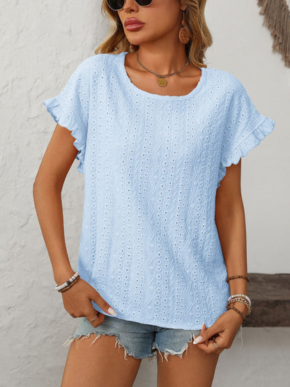 Eyelet Round Neck Short Sleeve Top