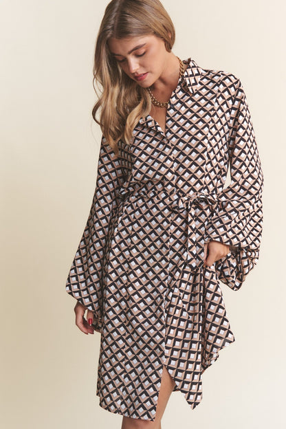 Geometric Balloon Long Sleeve Midi Dress