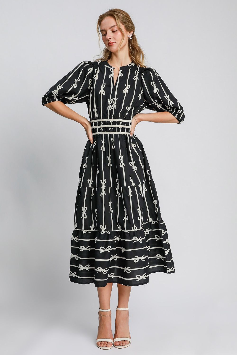 Umgee Bow Tie Print Notched Contrast Velvet Trim Midi Dress