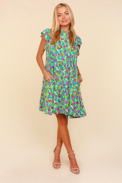 Frilled Mock Neck Ditsy Floral Dress