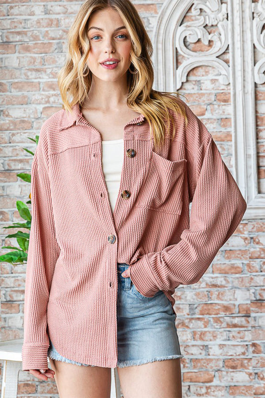 Button Up Long Sleeve Dk Peach Shacket