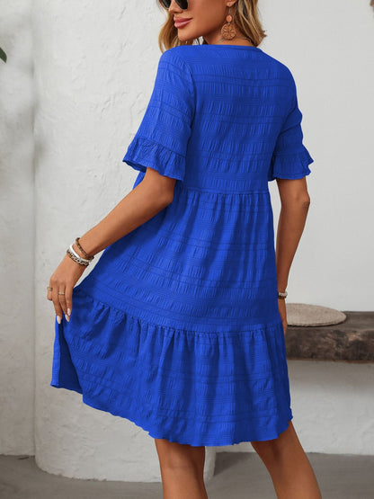 Ruffled Ruched Round Neck Half Sleeve Dress