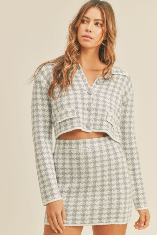 Houndstooth Cropped Knit Cardigan and Mini Skirt Set