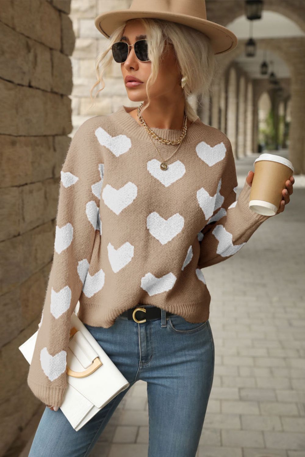 Heart Pattern Dropped Shoulder Sweater