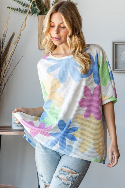 Floral Round Neck Waffle T-Shirt