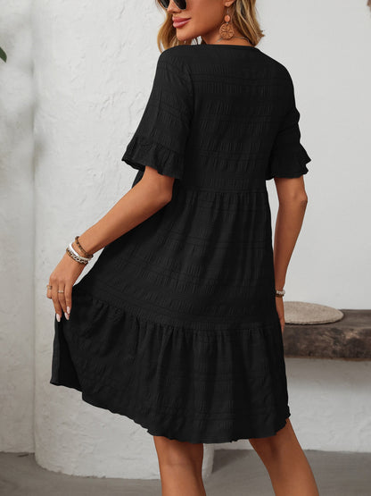 Ruffled Ruched Round Neck Half Sleeve Dress
