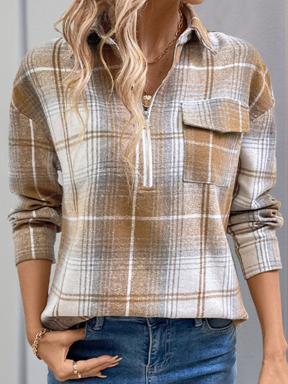 Plaid Collared Neck Half Zip Long Sleeve Top