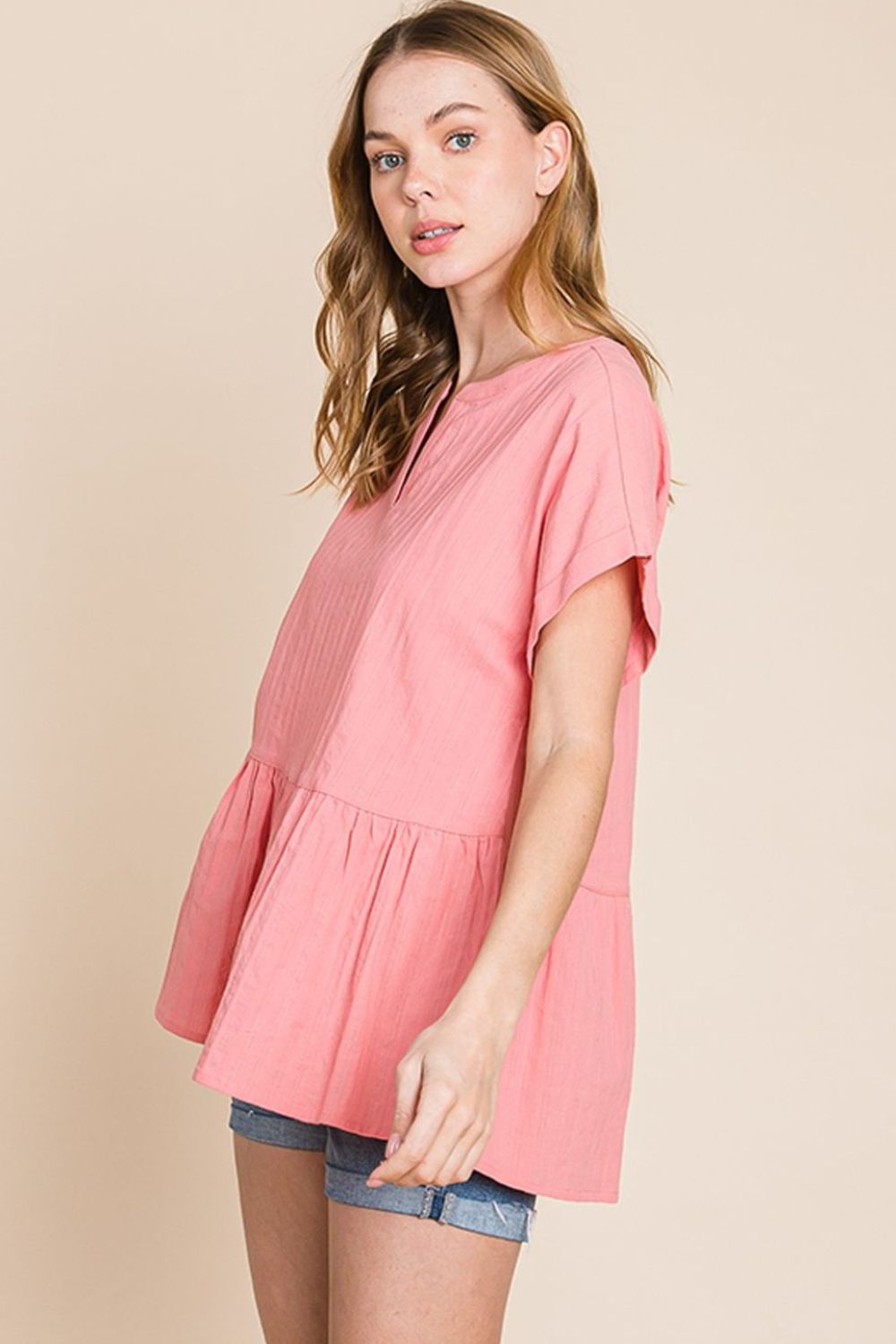 Notched Short Sleeve Peplum Top