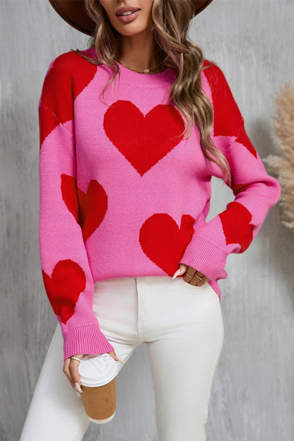 Contrast Heart Dropped Shoulder Long Sleeve Sweater