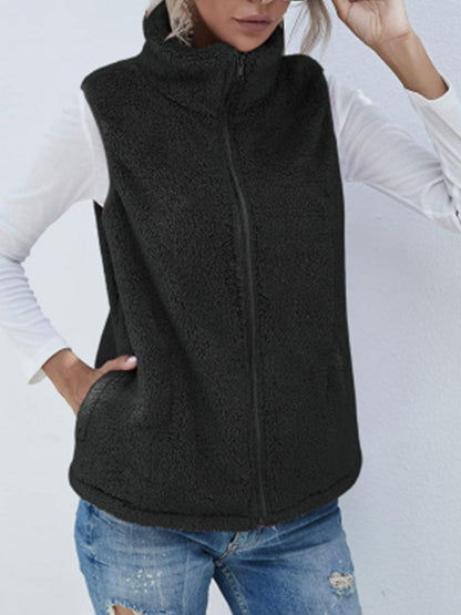 Fuzzy Zip Up Vest Coat with Pockets