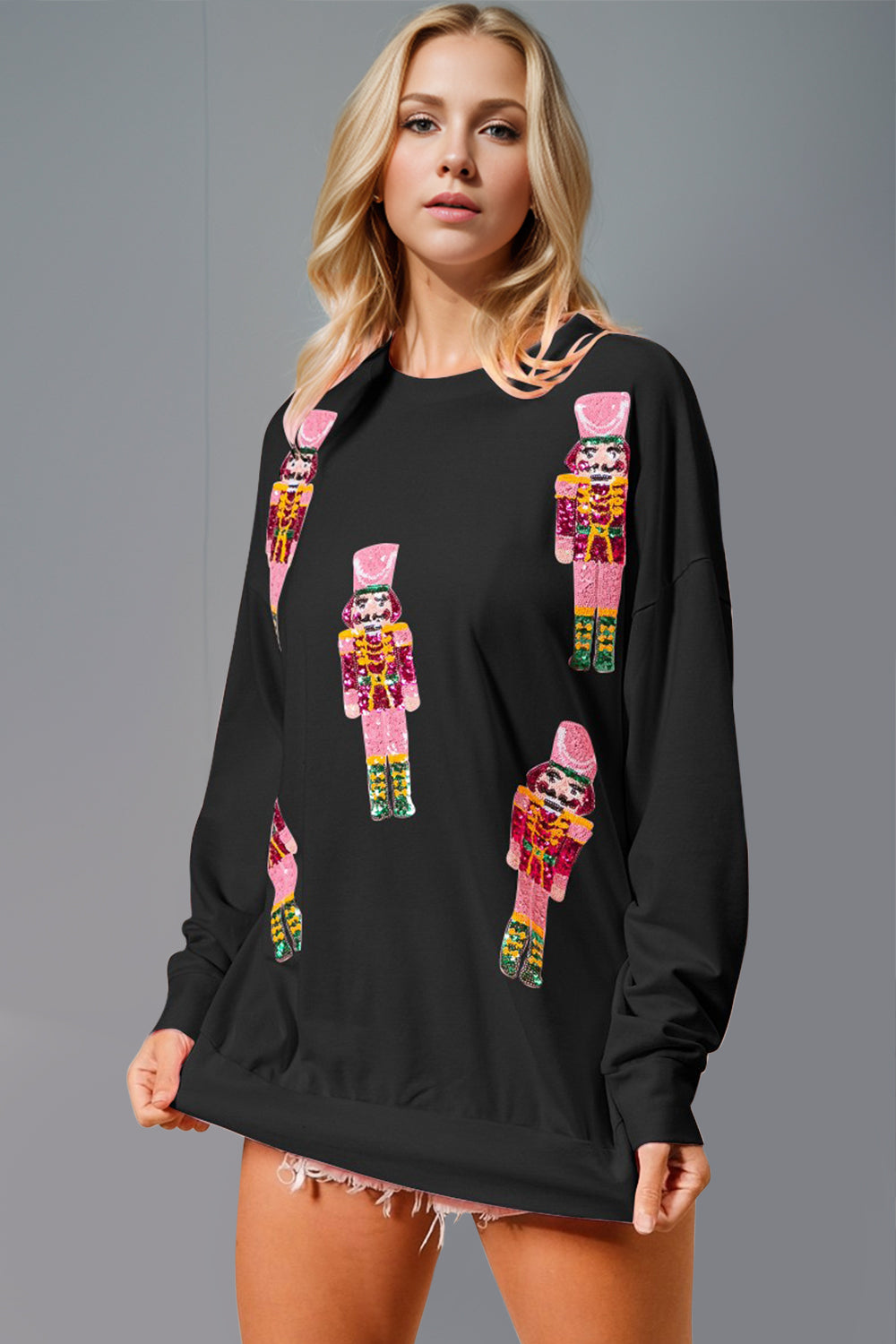 Sequin Nutcracker Round Neck Long Sleeve Sweatshirt