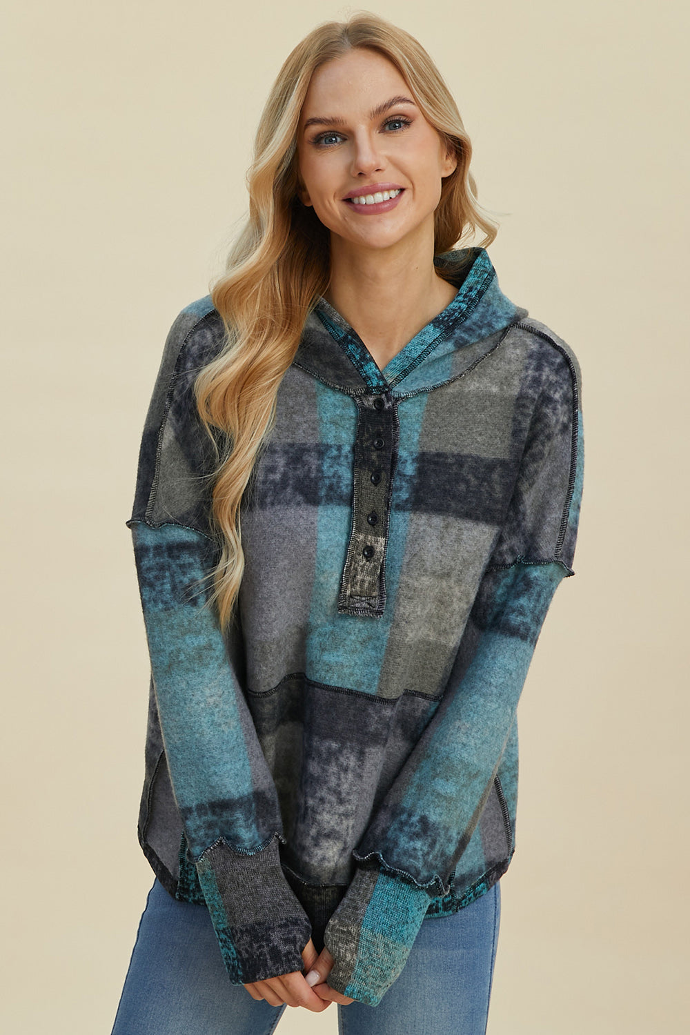 Plaid Dropped Shoulder Fleece Hoodie