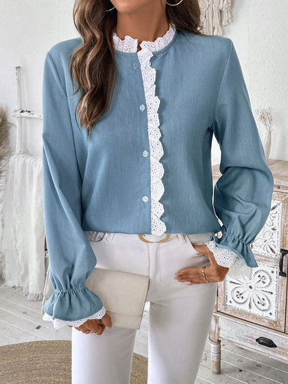 Lace Detail Button Down Long Sleeve Shirt