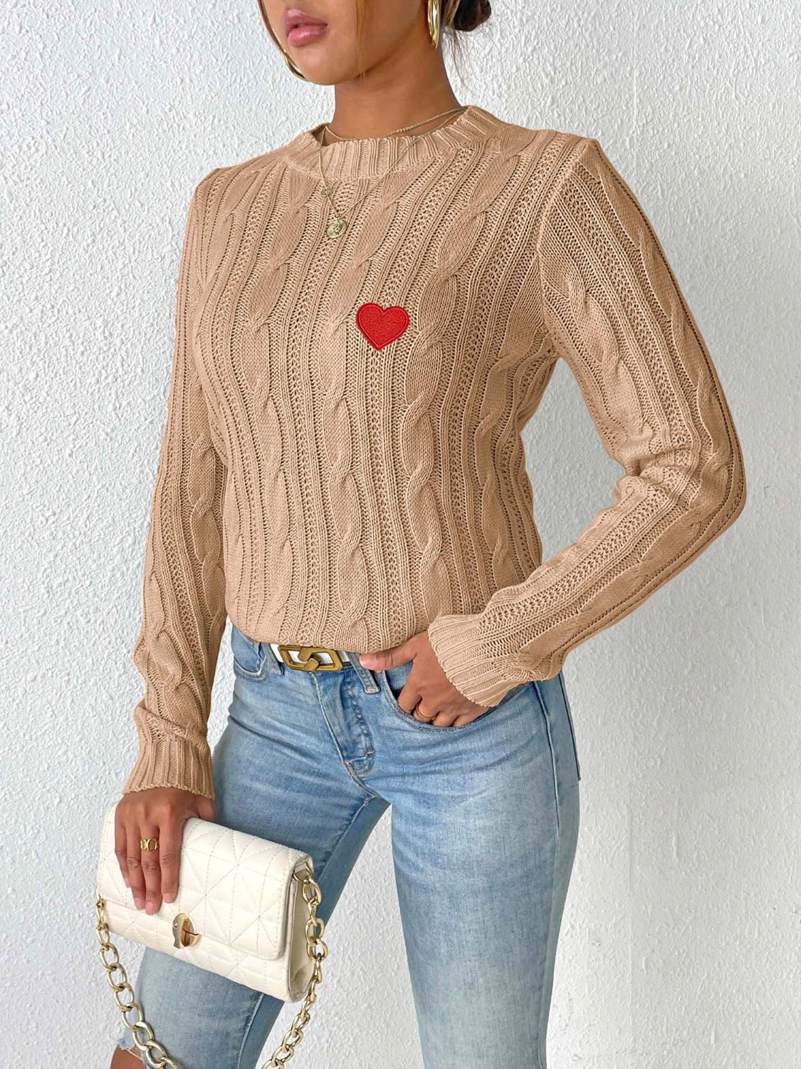 Cable-Knit Heart Round Neck Long Sleeve Sweater