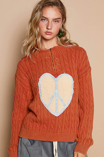 POL Cable-Knit Peace Patch Dropped Shoulder Sweater