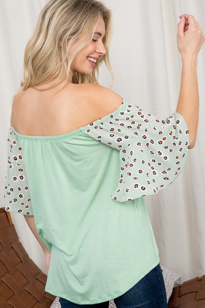 CHEETAH WOVEN MIX OFF SHOULDER TOP