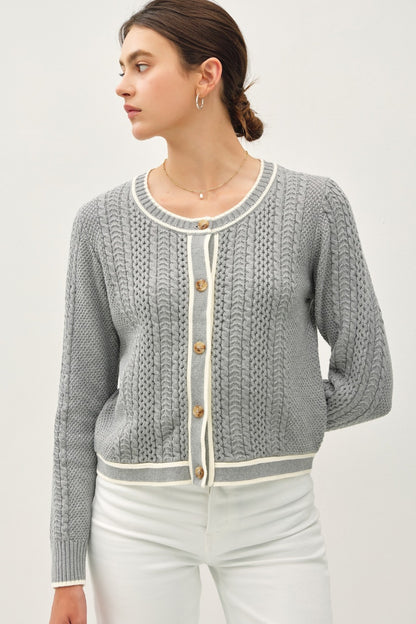 Cable Knit Long Sleeve Contrast Edge Cardigan