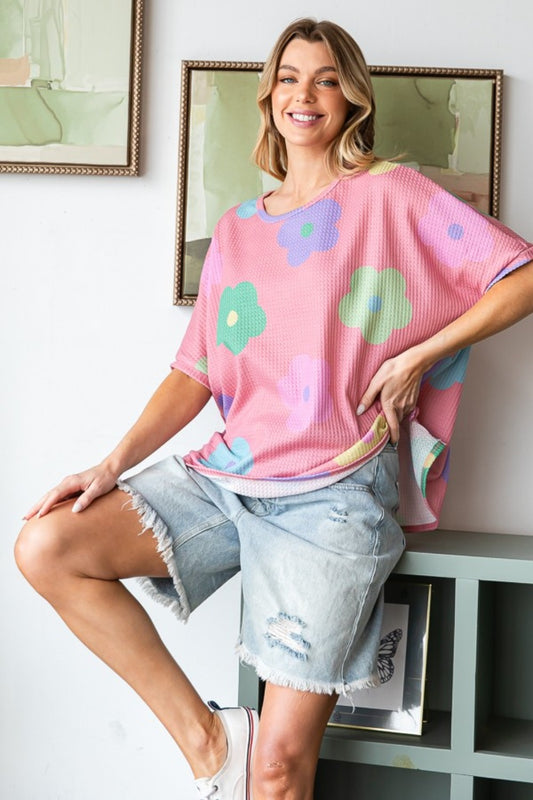 Floral Round Neck Side Slit Waffle T-Shirt