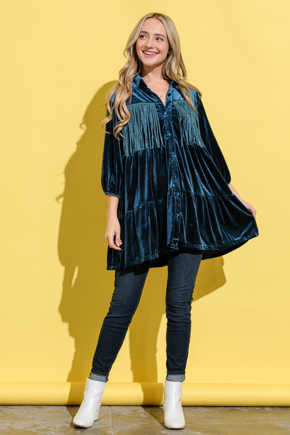 Fringe Detailed Velvet Shirt Dress