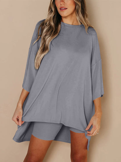 Round Neck Top and Skinny Shorts Set