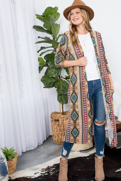 PLUS AZTEC PRINT LONG CARDIGAN