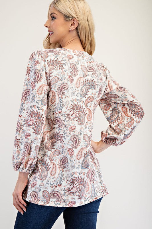 Celeste Paisley Round Neck Balloon Sleeve Top