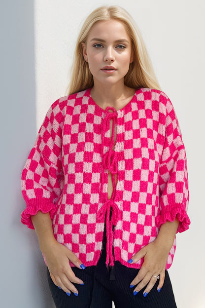 Tied Checkered Dropped Shoulder Flounce Sleeve Cardigan