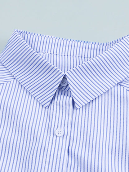 Striped Collared Neck Lantern Sleeve Shirt