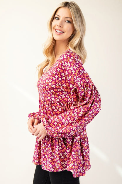 Floral V-Neck Balloon Sleeve Blouse