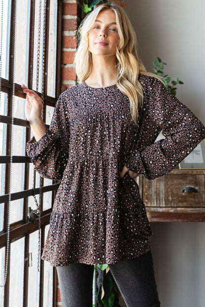 Leopard  Long Sleeve Tiered Blouse