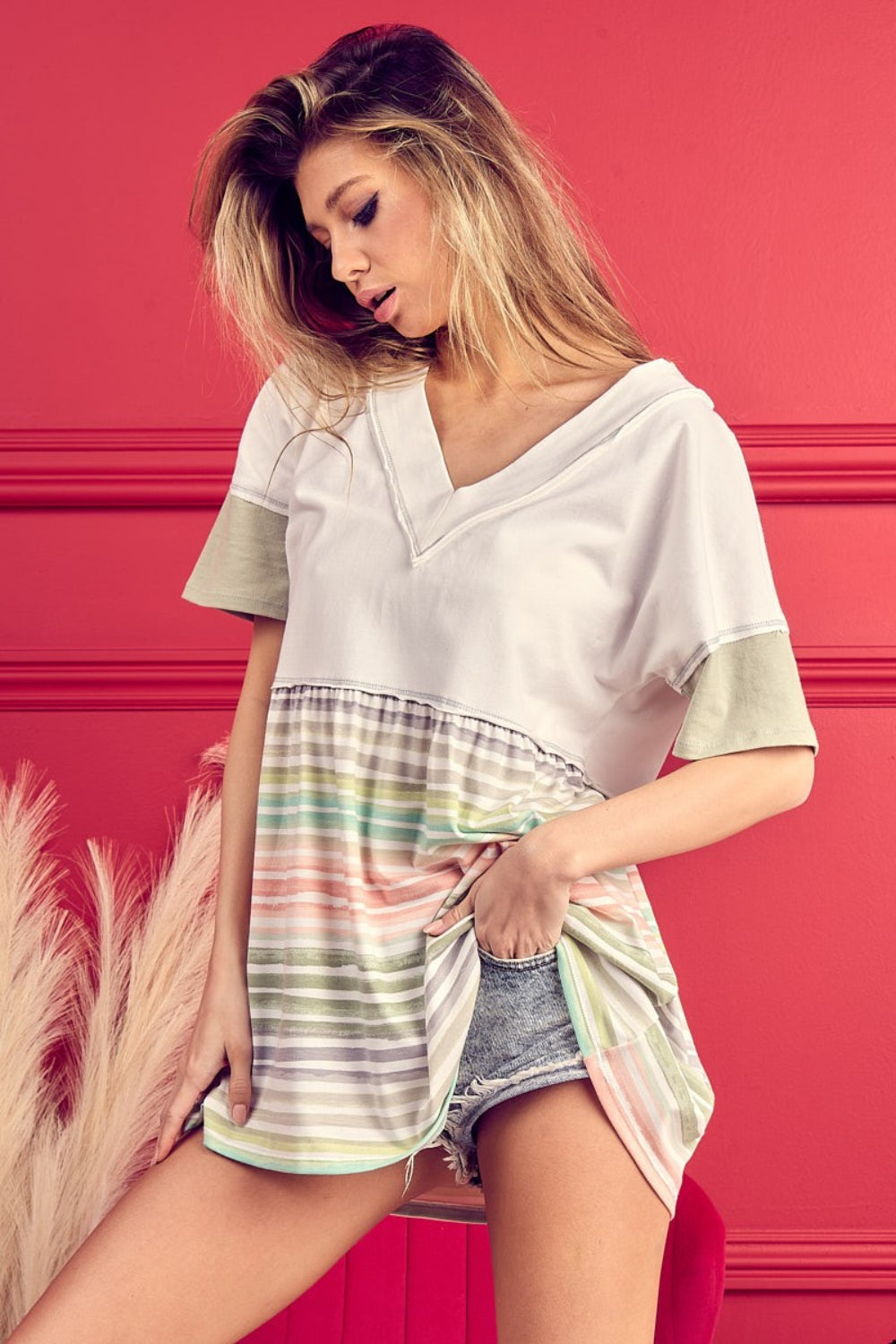 Striped Exposed Seam V-Neck Short Sleeve Blouse