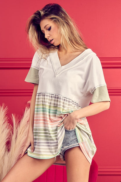 Striped Exposed Seam V-Neck Short Sleeve Blouse