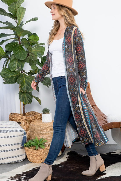 PLUS AZTEC PRINT LONG CARDIGAN