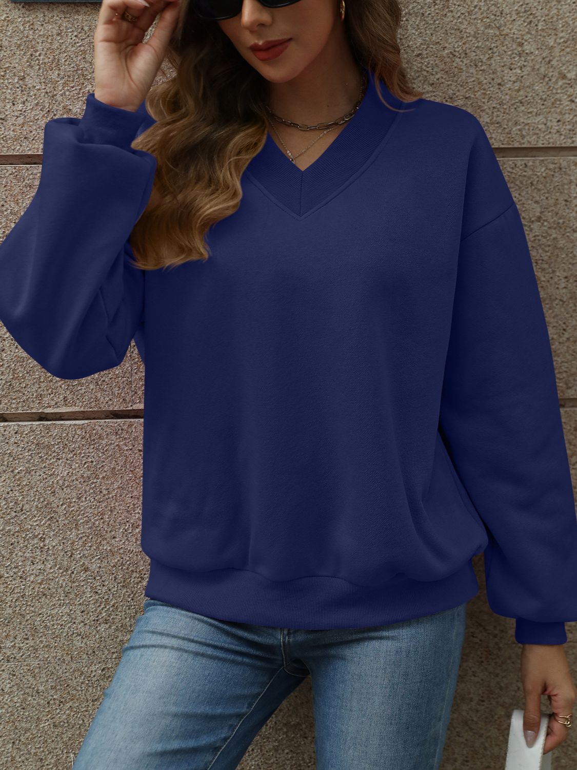 V-Neck Long Sleeve Dropped Shoulder Sweatshirt