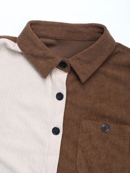 Pocketed Contrast Collared Neck Long Sleeve Shirt