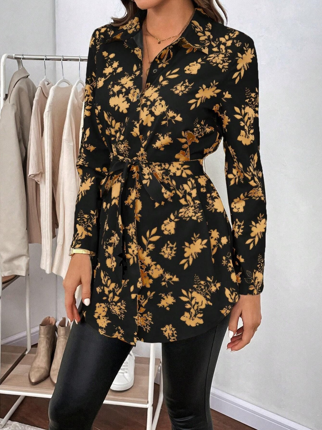 Printed Collared Neck Long Sleeve Shirt