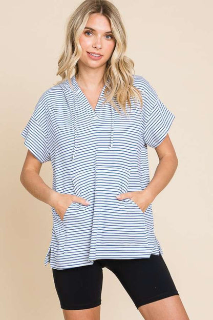 Striped Short Sleeve Hooded Top