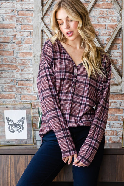 Plaid V-Neck Long Sleeve Top