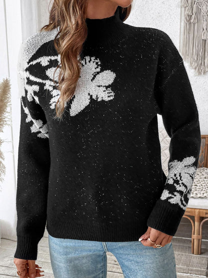 Flower Mock Neck Long Sleeve Sweater