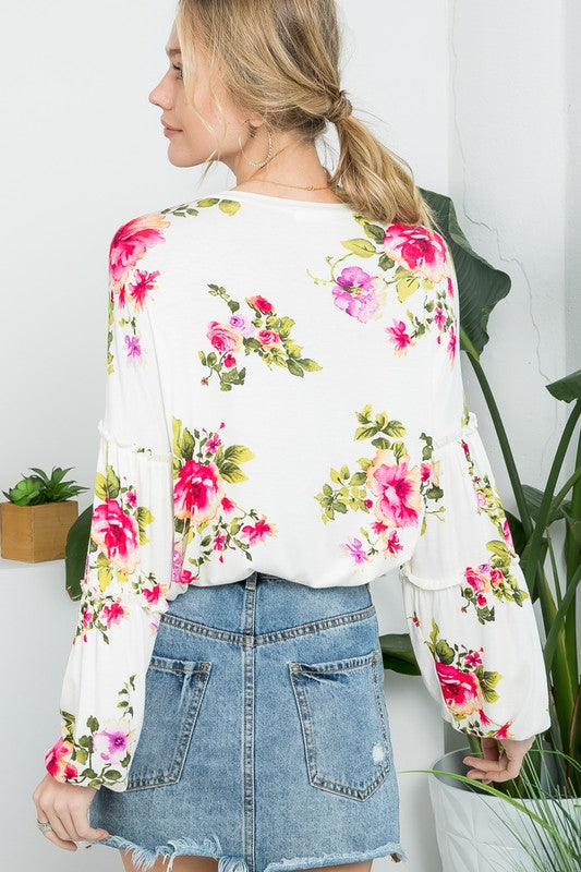 ALLOVER FLORAL LANTERN SLEEVE TOP