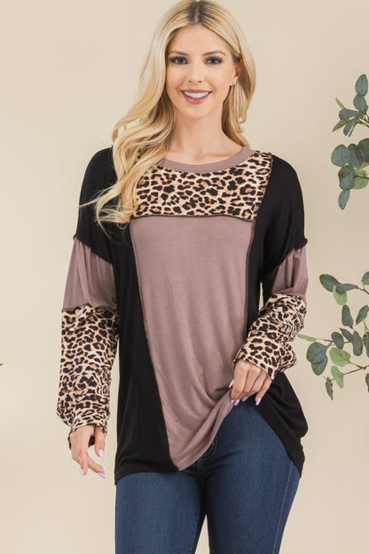 Leopard Color Block Exposed Seam T-Shirt