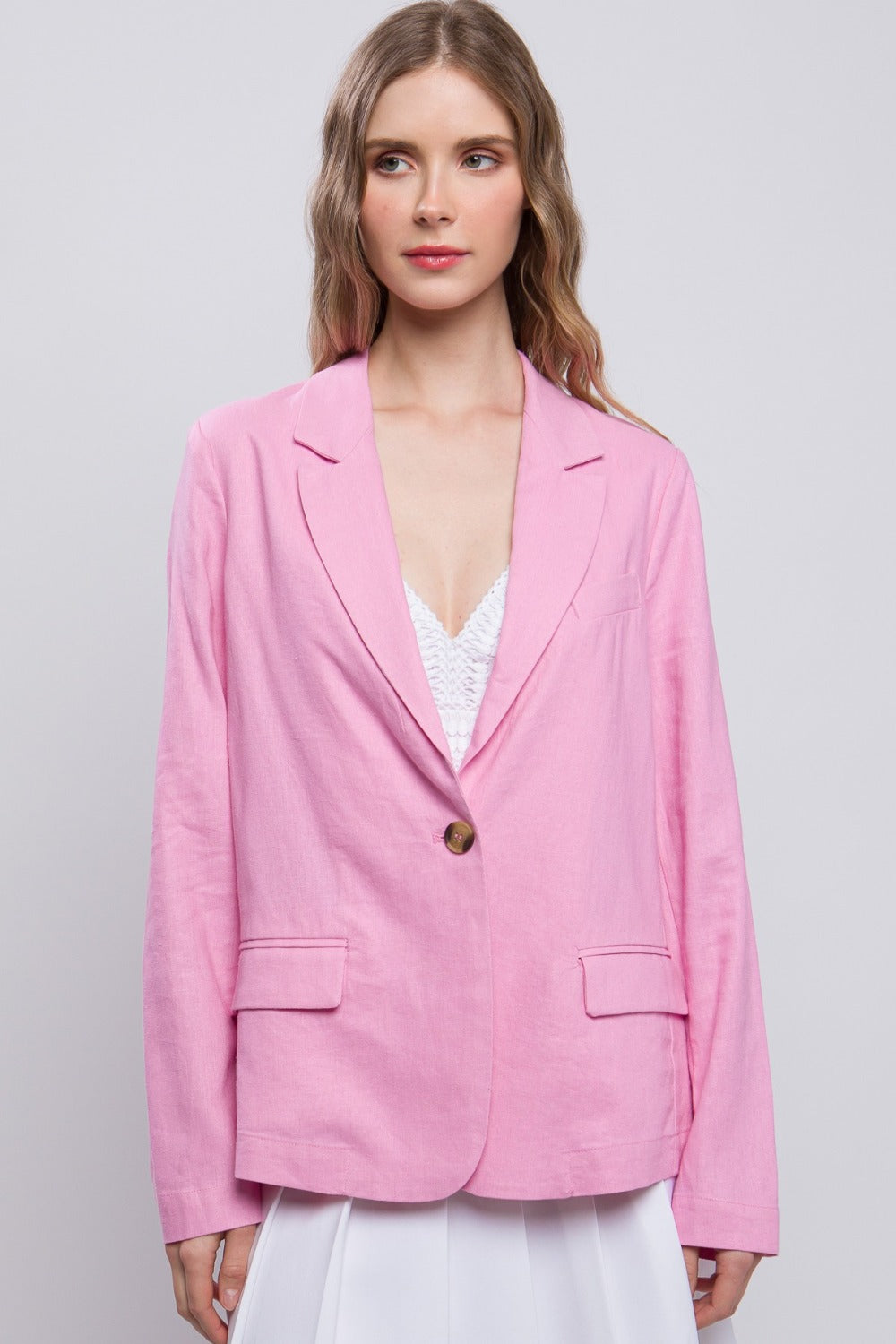 One-Button Long Sleeve Linen Blazer