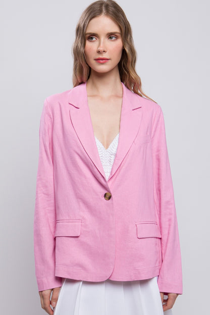 One-Button Long Sleeve Linen Blazer