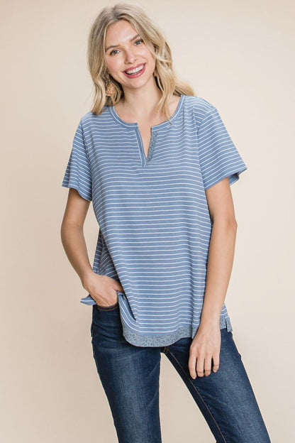 Slit Striped Notched Short Sleeve T-Shirt