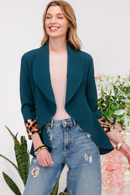 Rolled Leopard Cuff Open Front Blazer